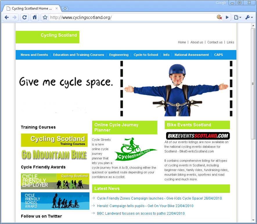 Front page of Cycling Scotland's website