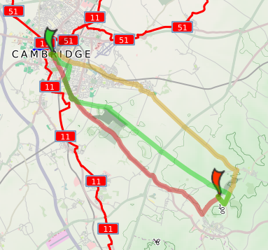 cyclestreets82665 Showing the new Balanced route (amber colour), alongside the more established Fastest (red) and Quietest (green) routes.