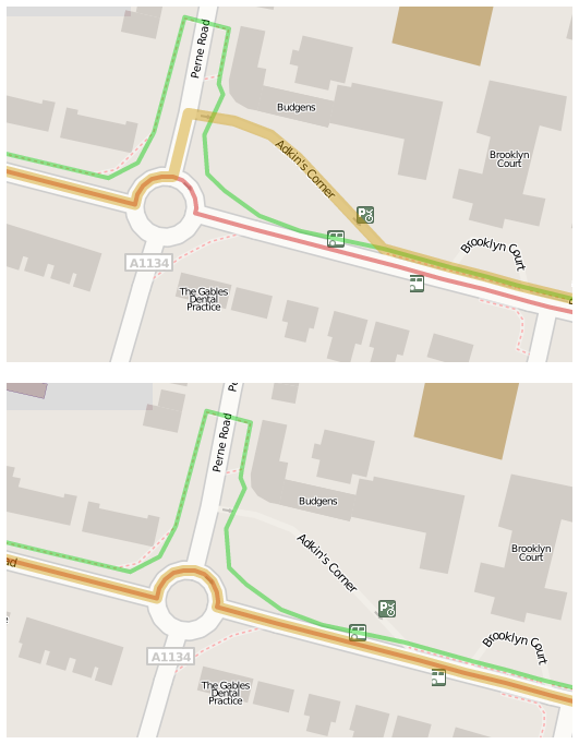 Maps showing routes through a junction